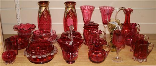 Pair of enamelled ruby glass vases, 19 other items of ruby glassware and a pair of yellow glass goblets